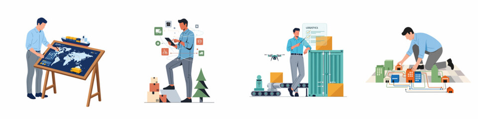 Fototapeta premium Set of Flat Vector Illustrations Representing Global Logistics, Supply Chain Management, Warehouse Automation with Drones, International Shipping Tracking, and Urban Delivery Planning