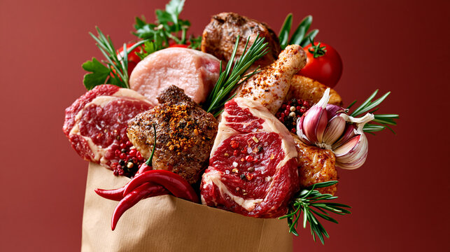 Kraft paper meat bag packed with assorted fresh cuts including steaks, pork, chicken, herbs, garlic, and spices suspended in midair, luxurious wine red background, gourmet grocery campaign, ultra ph