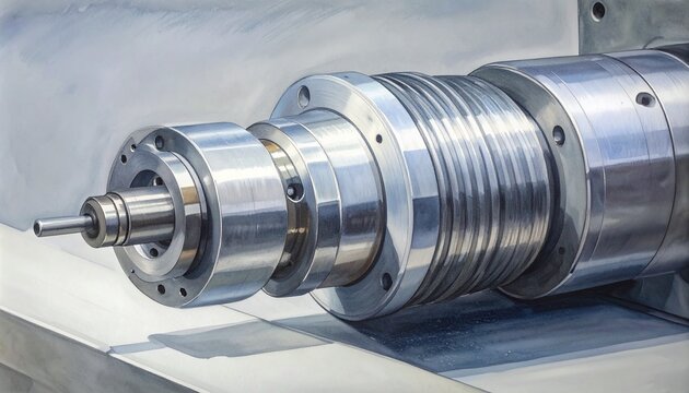 Precision machined metal shaft with threaded components.