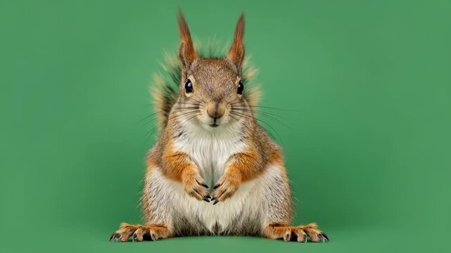 A fluffy red squirrel sitting upright on a solid bright green background
