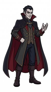 Spooky vampire Dracula mascot character wearing classic black and red cape