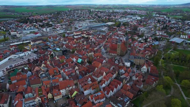 Panorama aerial view beside the old town above the city of &Ouml;hringen in Germany, on a cloudy autumn noon.