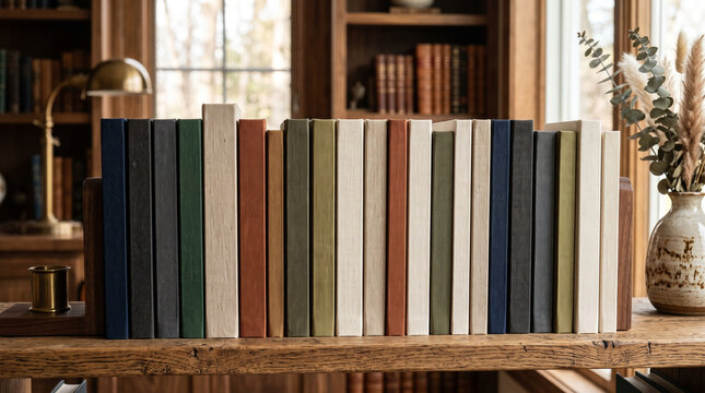 Row of colorful blank fabric hardcover books standing upright on wooden desk in cozy library setting with brass lamp and vase background