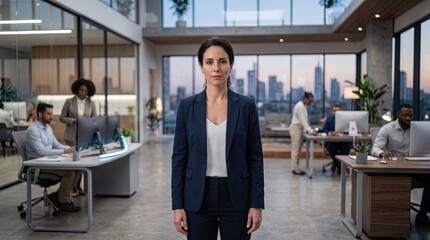 Fototapeta premium A confident businesswoman stands in a modern office environment, showcasing leadership and professionalism.