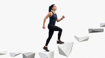 Woman climbing abstract concrete steps for fitness and progress