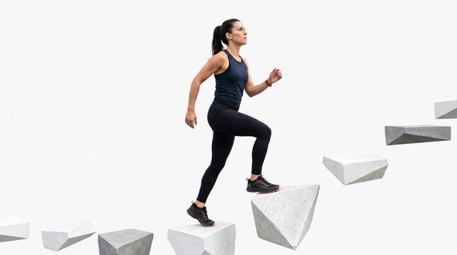 Woman climbing abstract concrete steps for fitness and progress