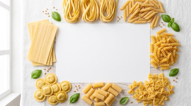 Various raw Italian pasta types arranged around blank white space copy template frame with fresh green basil leaves