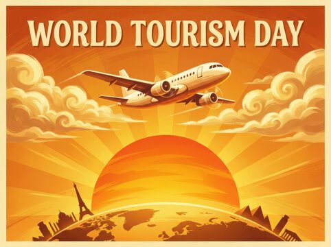World Tourism Day Airplane Flying in the Sky. Tourism day, World tourism day, World travel day