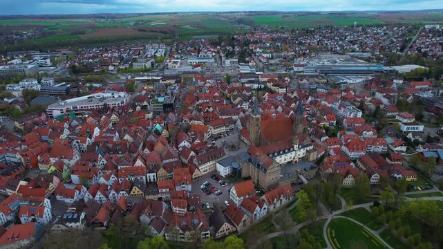 Panorama aerial view beside the old town above the city of &Ouml;hringen in Germany, on a cloudy autumn noon.
