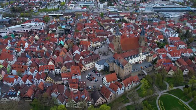 Panorama aerial view beside the old town above the city of &Ouml;hringen in Germany, on a cloudy autumn noon.