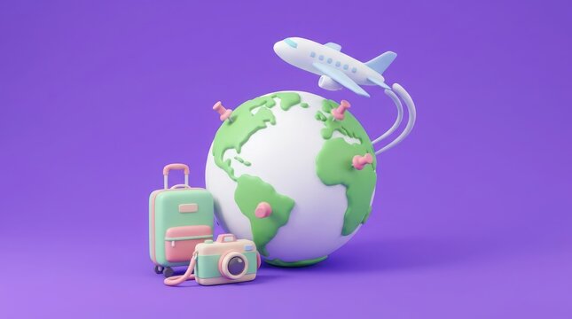 Travel and Tourism Globe with Airplane and Accessories 3D Illustration concept of World Tourism Day, World Travel Day