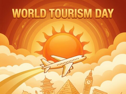 World Tourism Day Airplane Flying in the Sky. Tourism day, World tourism day, World travel day