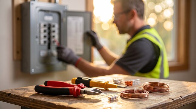 Professional electrician working on a home electrical panel with tools on a wooden table