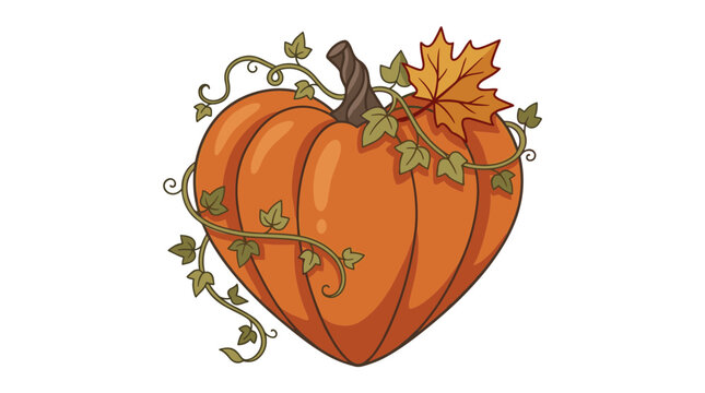 Decorative orange pumpkin with green vines and a single autumn leaf, flat design vector illustration