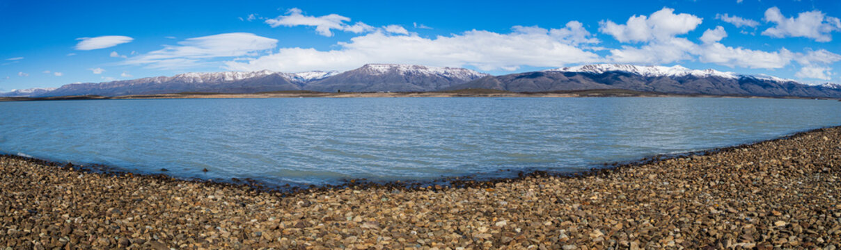 Panorama image of the glacial lake Lago Argentino in the Andes mountains of Patagonia, Argentina