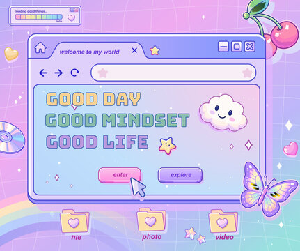 Y2K Retro Web Interface with Good Day Good Mindset Good Life Typography, Rainbow, Butterfly and Cute Cloud Elements