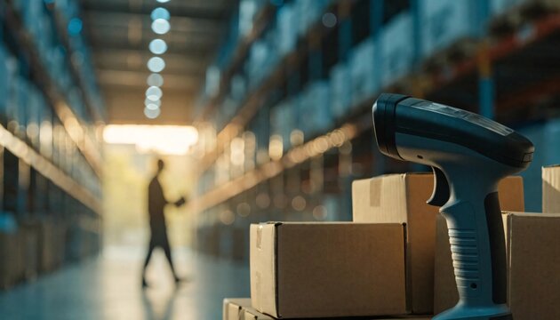 A barcode scanner on cardboard boxes with a blurred warehouse worker in the background