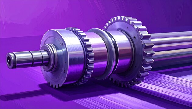 Precision Metal Gears on Shaft with Purple Background.