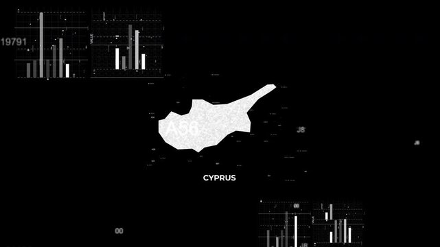 Cyprus map animation showcasing economy, infrastructure, technology, population, energy, trade, and national development data for presentations, films, documentaries, and motion graphics.
