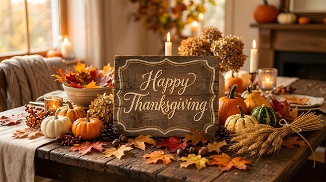 Rustic Happy Thanksgiving sign on a festive dining table with pumpkins and autumn leaves