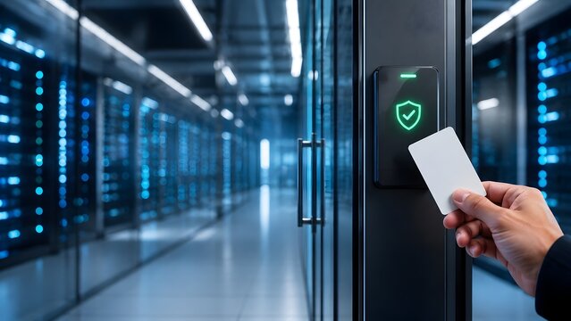 Data center access control concept featuring hand swiping blank keycard at digital door lock to enter secure server infrastructure