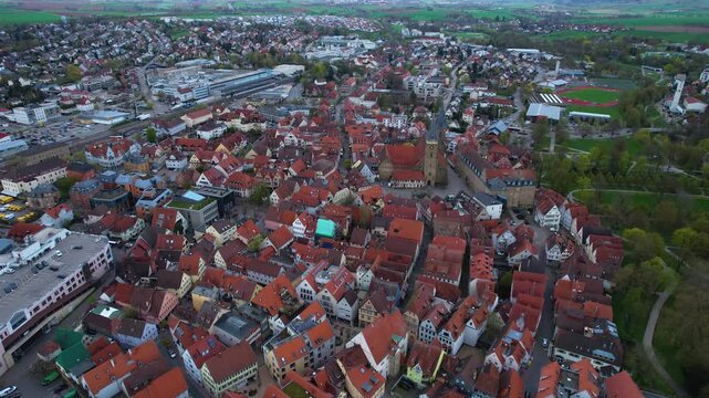Panorama aerial view beside the old town above the city of &Ouml;hringen in Germany, on a cloudy autumn noon.