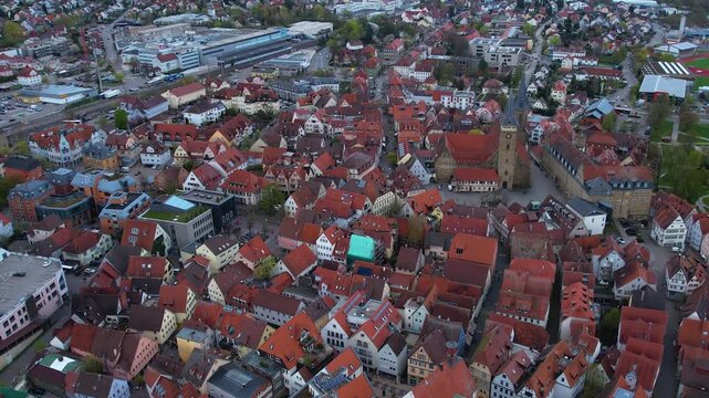 Panorama aerial view beside the old town above the city of &Ouml;hringen in Germany, on a cloudy autumn noon.