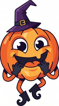 Cute and happy baby pumpkin character wearing a purple witch hat