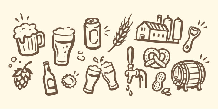Beer and Brewery Doodle Set with Hops, Pretzel and Barrel