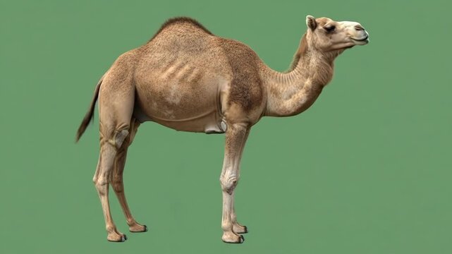 A detailed profile view of a majestic dromedary camel on green background