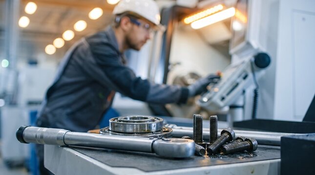 Precision metal parts and tools resting on a workbench in an automated factory facility