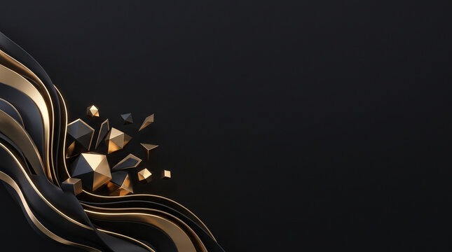 Abstract gold and black flowing waves with geometric shards against dark background