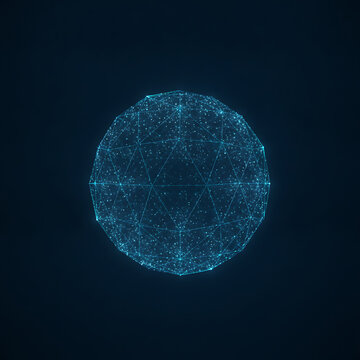 Futuristic Digital Globe, abstract wireframe mesh illustration with dots and lines on dark background, technology sphere, global communication network concept logo template design