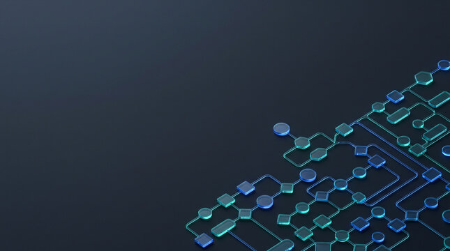 Abstract flow chart pattern in blue and green light against dark background with copy space