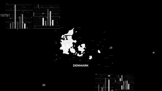 Denmark map animation showcasing economy, infrastructure, technology, population, energy, trade, and national development data for presentations, films, documentaries, and motion graphics.