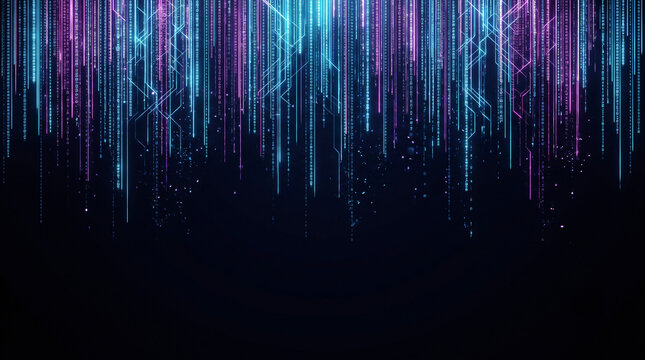 Glowing cyan and pink neon digital rain falling into a dark empty void
