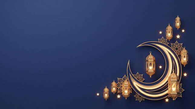 Golden crescent moon with Islamic lanterns and stars on a dark blue background concept