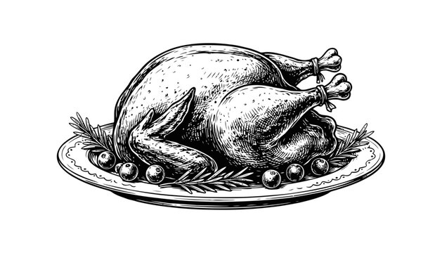 Vintage style roasted turkey on a serving platter with garnish whole bird
