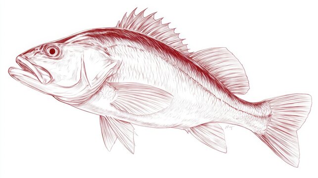 Detailed Illustration of a Freshwater Bass Fish in Red Ink Style