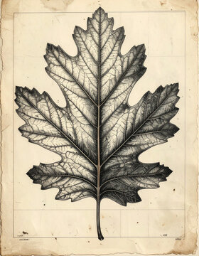 Antique botanical engraving of oak leaf with detailed veins and monochrome inkwork