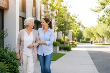 Fototapeta premium Active Senior Woman Walking With Companion in Modern Neighborhood