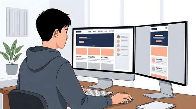 Web Developer Designing Responsive Website Layout on Dual Monitors at Desk Workspace
