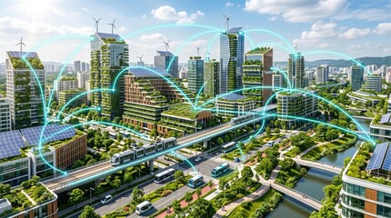 Naklejka premium A modern cityscape featuring green architecture and connected technologies, showcasing urban sustainability.