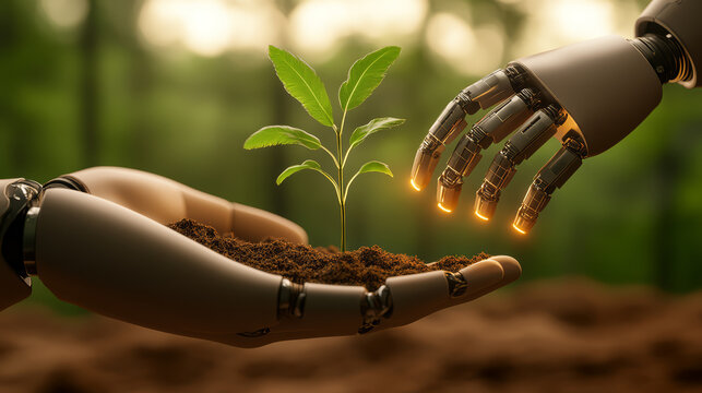 Humanoid robot gently holds small plant soil, symbolizing harmony between technology and nature