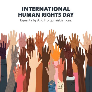 Diverse people raising hands, International Human Rights Day, equality and freedom, social justice, colorful illustration
