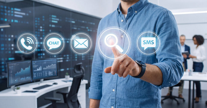 Businessman touching interactive digital interface icons in modern office environment showing global communication technology analytics and customer support service options