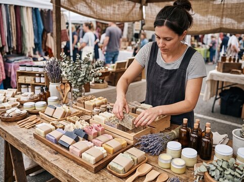 Woman crafting handmade lavender soaps at bustling outdoor market stall