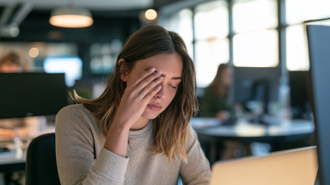 Close-up of Person Rubbing Tired Eyes in Modern Office with Stress and Fatigue