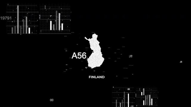 Finland map animation showcasing economy, infrastructure, technology, population, energy, trade, and national development data for presentations, films, documentaries, and motion graphics.