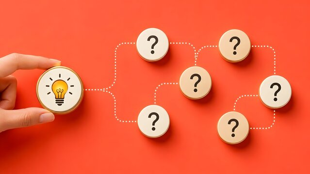 Strategic planning flowchart concept featuring hand connecting yellow idea badge to question marks on red background
